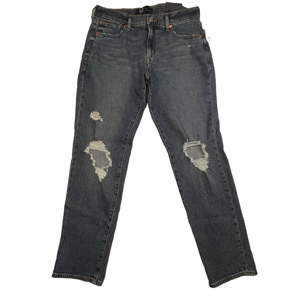 NWT $70 GAP Girlfriend Jeans 6/28 Distressed Mid Rise Blue Stretch Denim Tapered
